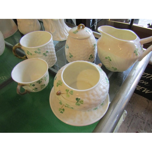 306 - Six Pieces Belleek Including Honey Pot Each with Shamrock Motifs Brown and Green Marks