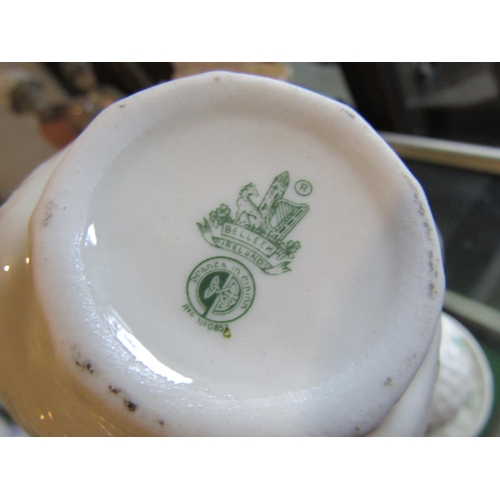 306 - Six Pieces Belleek Including Honey Pot Each with Shamrock Motifs Brown and Green Marks