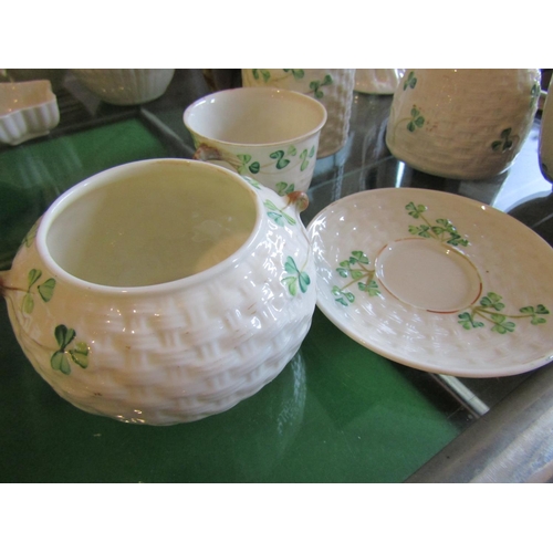 306 - Six Pieces Belleek Including Honey Pot Each with Shamrock Motifs Brown and Green Marks