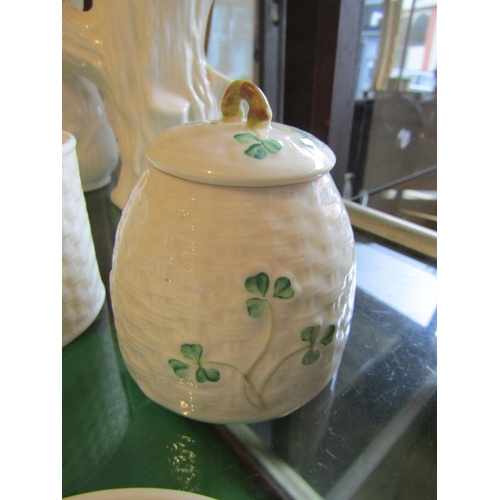 306 - Six Pieces Belleek Including Honey Pot Each with Shamrock Motifs Brown and Green Marks