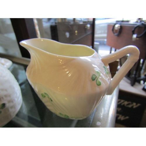 306 - Six Pieces Belleek Including Honey Pot Each with Shamrock Motifs Brown and Green Marks