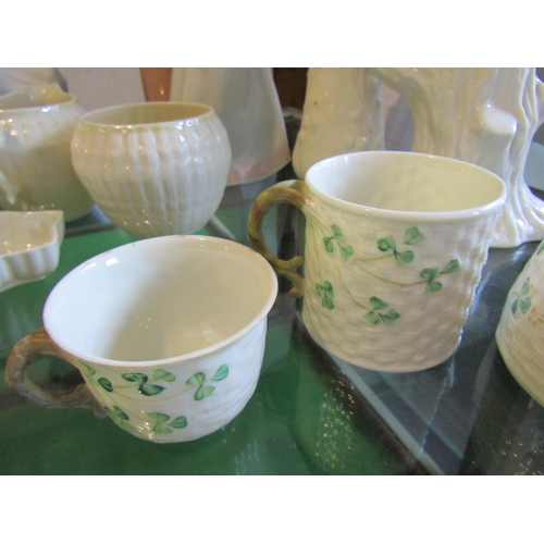 306 - Six Pieces Belleek Including Honey Pot Each with Shamrock Motifs Brown and Green Marks