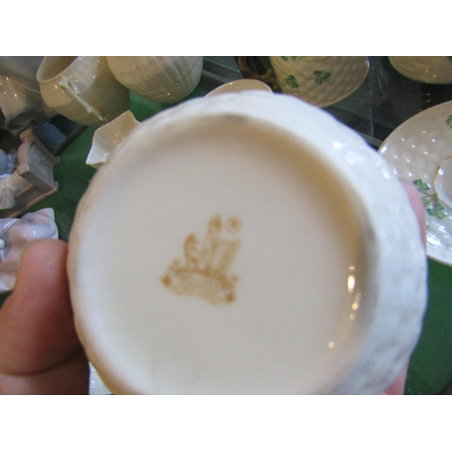 306 - Six Pieces Belleek Including Honey Pot Each with Shamrock Motifs Brown and Green Marks