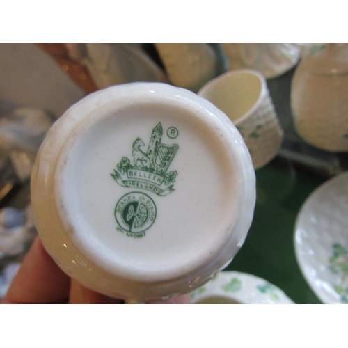 306 - Six Pieces Belleek Including Honey Pot Each with Shamrock Motifs Brown and Green Marks