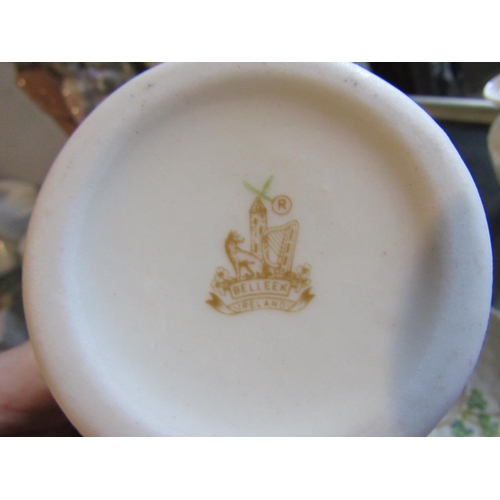 306 - Six Pieces Belleek Including Honey Pot Each with Shamrock Motifs Brown and Green Marks