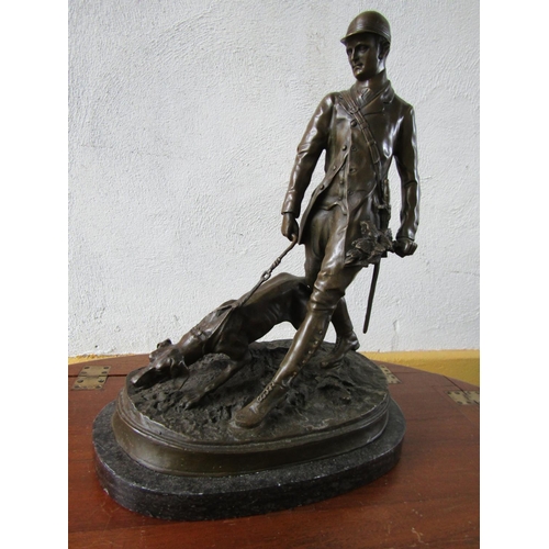 307 - Bronze Sculpture of Huntsman and Hound Finely Detailed Mounted on Oval Form Marble Base Approximatel... 