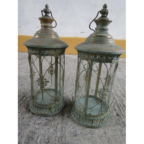 312 - Pair of Metal Circular Form Candle Storm Lanterns Ring Carry Handles Each 20 Inches High