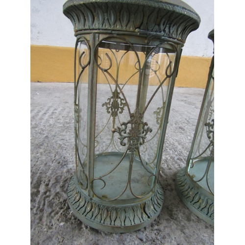 312 - Pair of Metal Circular Form Candle Storm Lanterns Ring Carry Handles Each 20 Inches High