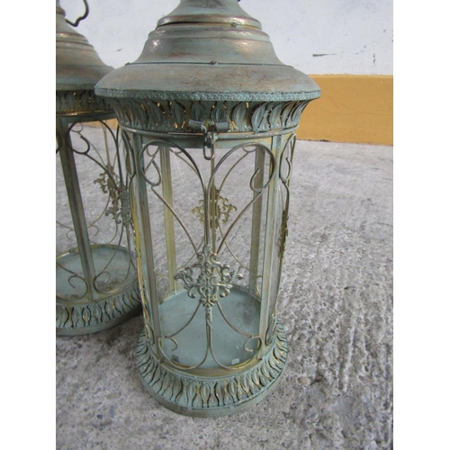 312 - Pair of Metal Circular Form Candle Storm Lanterns Ring Carry Handles Each 20 Inches High