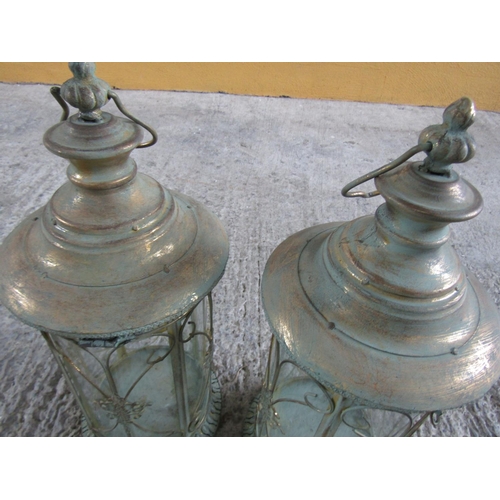 312 - Pair of Metal Circular Form Candle Storm Lanterns Ring Carry Handles Each 20 Inches High