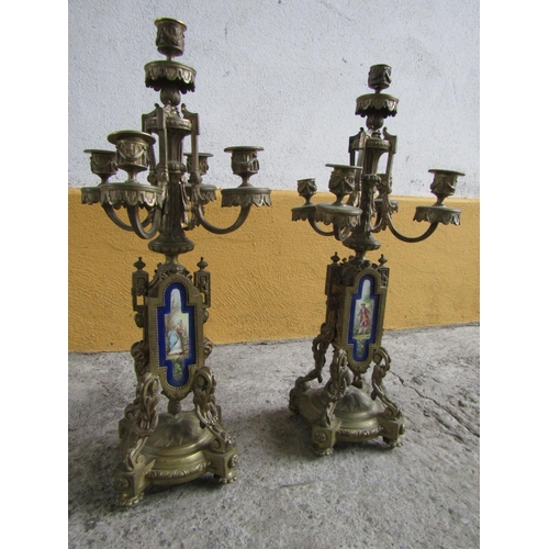 313 - Pair of Antique Ormolu Mounted Candelabras with Inset Sevres Panels Each Approximately 18 Inches Hig... 