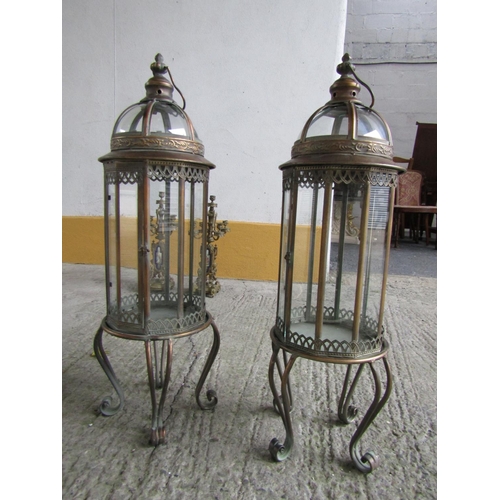 314 - Pair of Metal Lanterns Integral Supports Scroll Form Each Approximately 32 Inches High