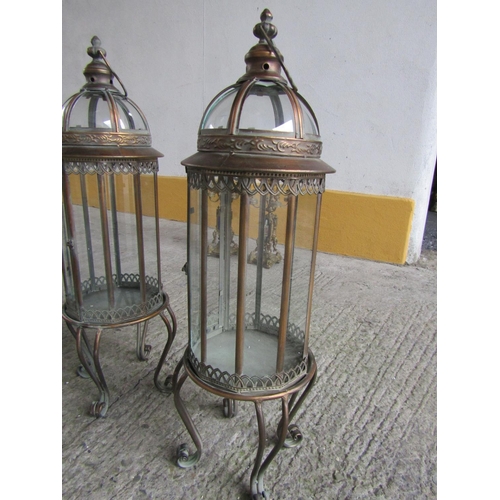 314 - Pair of Metal Lanterns Integral Supports Scroll Form Each Approximately 32 Inches High