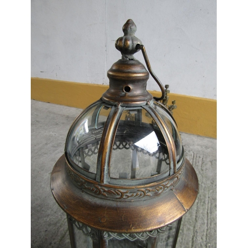 314 - Pair of Metal Lanterns Integral Supports Scroll Form Each Approximately 32 Inches High