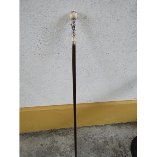 319 - Teak Walking Stick Silver Mounted Finely Detailed Full Sized