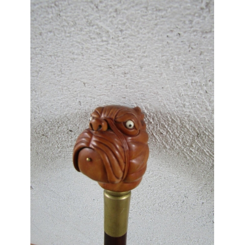 321 - Dog Head Motif Walking Stick Full Size Carved Treen with Money Box Handle