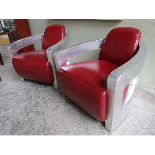 327 - Pair of Aviator Aluminium Clad Burgundy Leather Upholstered Armchairs Generous Form