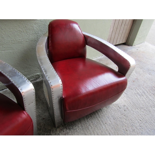 327 - Pair of Aviator Aluminium Clad Burgundy Leather Upholstered Armchairs Generous Form