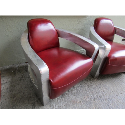 327 - Pair of Aviator Aluminium Clad Burgundy Leather Upholstered Armchairs Generous Form