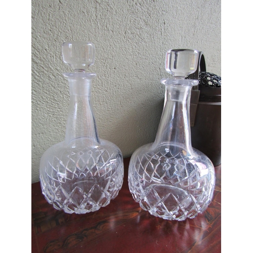 339 - Pair of Cut Crystal Decanters Slender Neck Form Original Stoppers Each Approximately 11 Inches High ... 