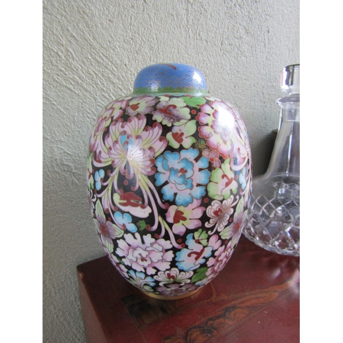 340 - Shaped Form Cloisonne Grated Vase with Original Cover Approximately 11 Inches High