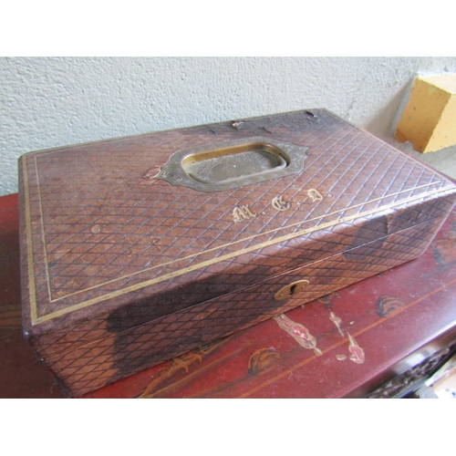 345 - Dressing Table Box Gilt Leather Inset Carry Handle Containing Five Piece Brush Set within Navy Velve... 