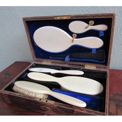 345 - Dressing Table Box Gilt Leather Inset Carry Handle Containing Five Piece Brush Set within Navy Velve... 