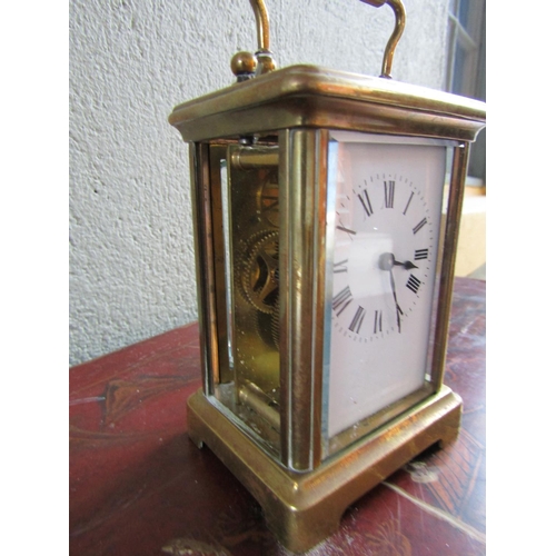 350 - Brass Bound Carriage Clock Roman Numeral Decorated Enamel Dial Clock Approximately 5 Inches High