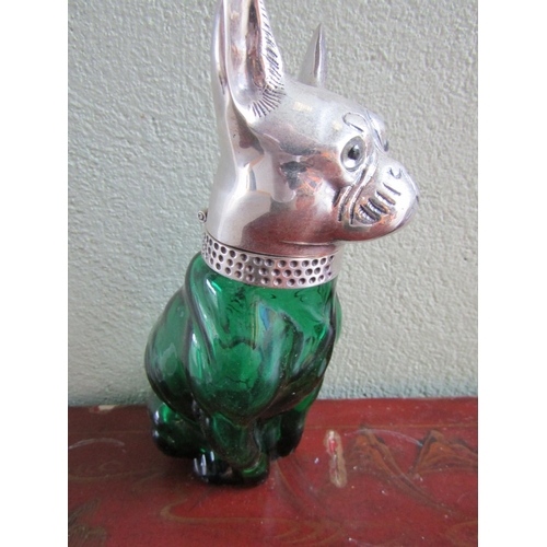 Canine Motif Decanter Bottle Silver Plate Hinge Top Approximately 7 Inches High