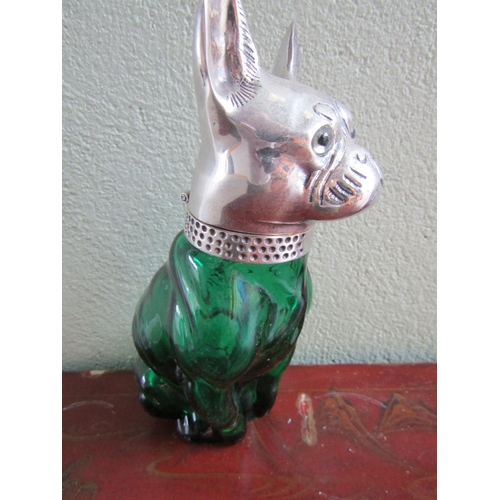 351 - Canine Motif Decanter Bottle Silver Plate Hinge Top Approximately 7 Inches High