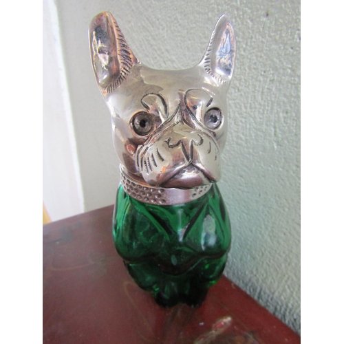 351 - Canine Motif Decanter Bottle Silver Plate Hinge Top Approximately 7 Inches High