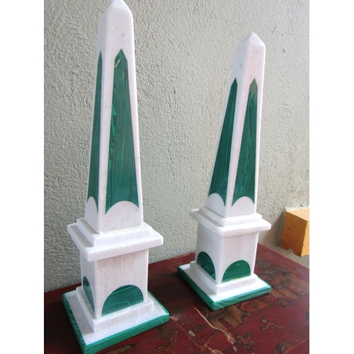 352 - Pair of Marble and Malachite Table Obelisks Approximatel7 16 Inches High