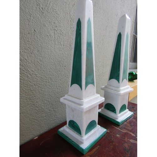 352 - Pair of Marble and Malachite Table Obelisks Approximatel7 16 Inches High