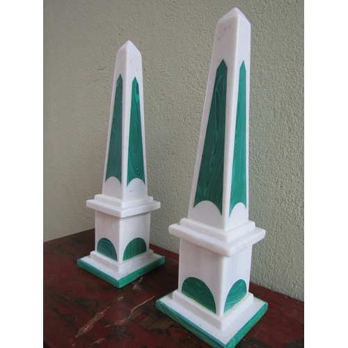 352 - Pair of Marble and Malachite Table Obelisks Approximatel7 16 Inches High