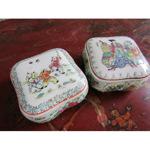 355 - Pair of Chinese Porcelain Desk Jars Square Form with Original Covers Each Approximately 3 Inches x 3... 