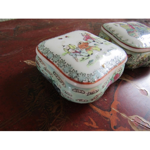 355 - Pair of Chinese Porcelain Desk Jars Square Form with Original Covers Each Approximately 3 Inches x 3... 