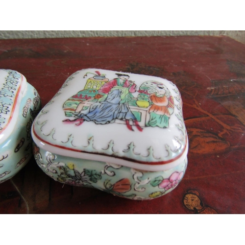 355 - Pair of Chinese Porcelain Desk Jars Square Form with Original Covers Each Approximately 3 Inches x 3... 