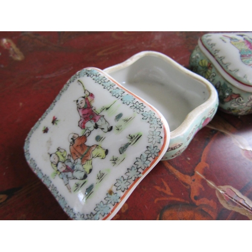 355 - Pair of Chinese Porcelain Desk Jars Square Form with Original Covers Each Approximately 3 Inches x 3... 