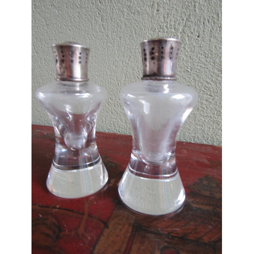 357 - Pair of Silver Mounted Crystal Salt and Peppers Slender Waist Form Each Approximately 4 Inches High