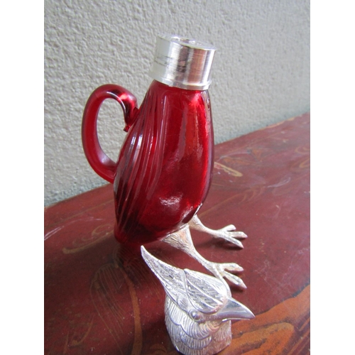 363 - Ruby Crystal Parrott Motif Table Decanter Silver Plated Head Approximately 8 Inches High