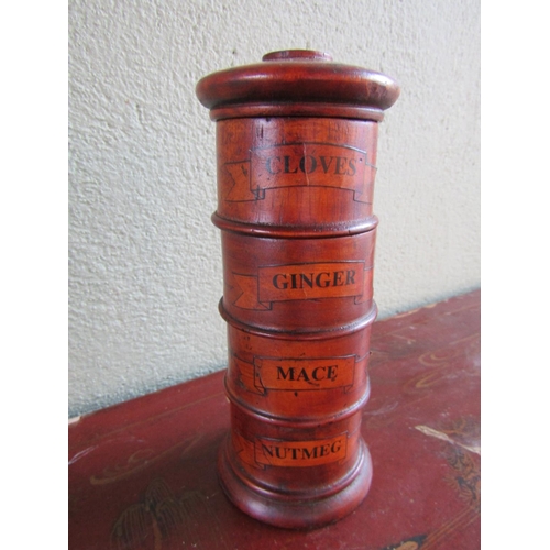 370 - Four Part Carved Treen Spice Box Circular Form Cloves, Ginger, Mase and Nutmeg