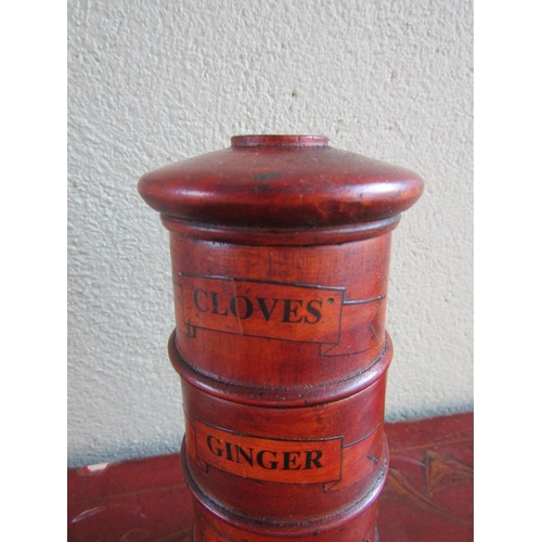 370 - Four Part Carved Treen Spice Box Circular Form Cloves, Ginger, Mase and Nutmeg