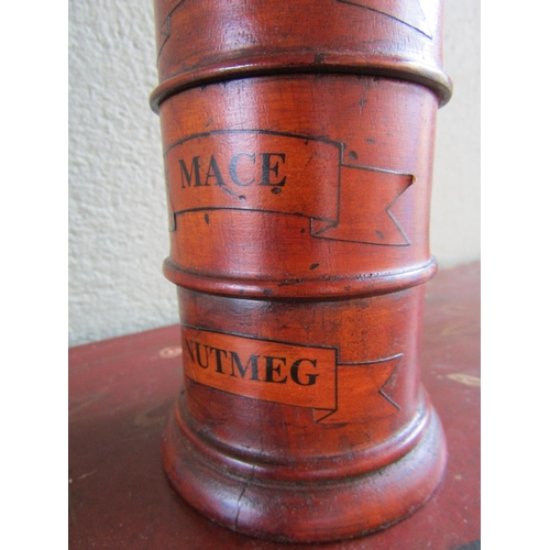 370 - Four Part Carved Treen Spice Box Circular Form Cloves, Ginger, Mase and Nutmeg