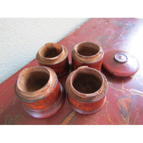 370 - Four Part Carved Treen Spice Box Circular Form Cloves, Ginger, Mase and Nutmeg