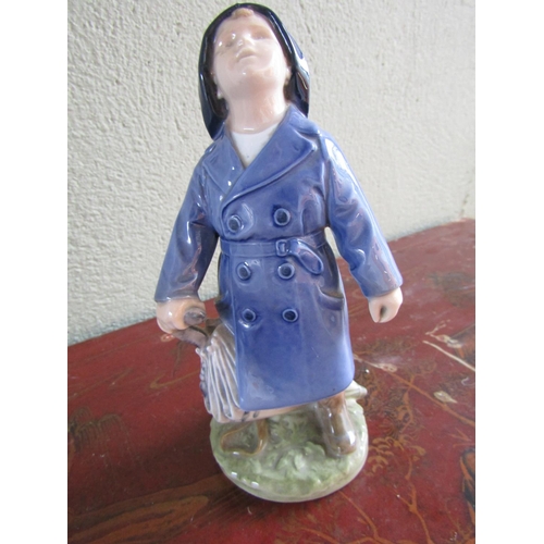 372 - Royal Copenhagen Porcelain Figure of Young Boy with Coat Attractively Detailed Approximately 7 Inche... 