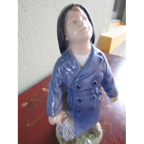 372 - Royal Copenhagen Porcelain Figure of Young Boy with Coat Attractively Detailed Approximately 7 Inche... 