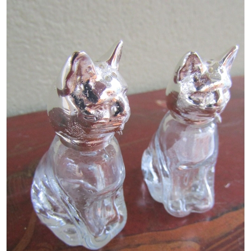 374 - Pair of Silver Plated Cat Motif Crystal Salt and Peppers Each Approximately 3 Inches High