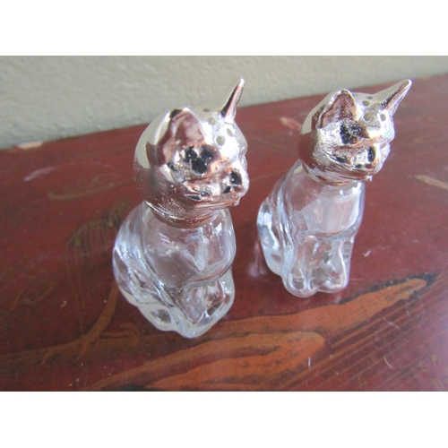 374 - Pair of Silver Plated Cat Motif Crystal Salt and Peppers Each Approximately 3 Inches High