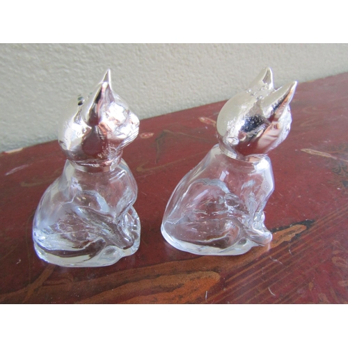 374 - Pair of Silver Plated Cat Motif Crystal Salt and Peppers Each Approximately 3 Inches High