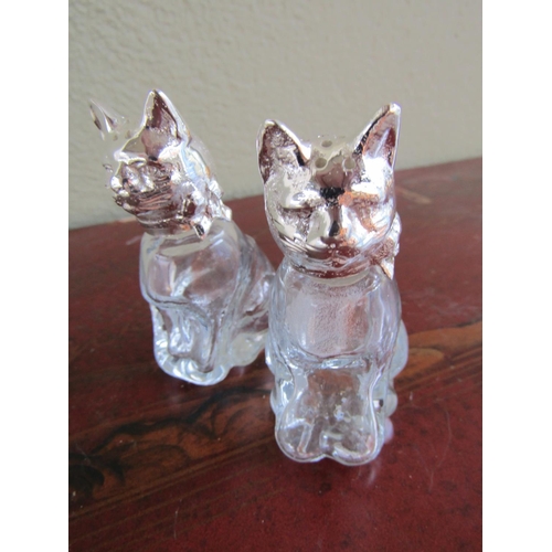 374 - Pair of Silver Plated Cat Motif Crystal Salt and Peppers Each Approximately 3 Inches High